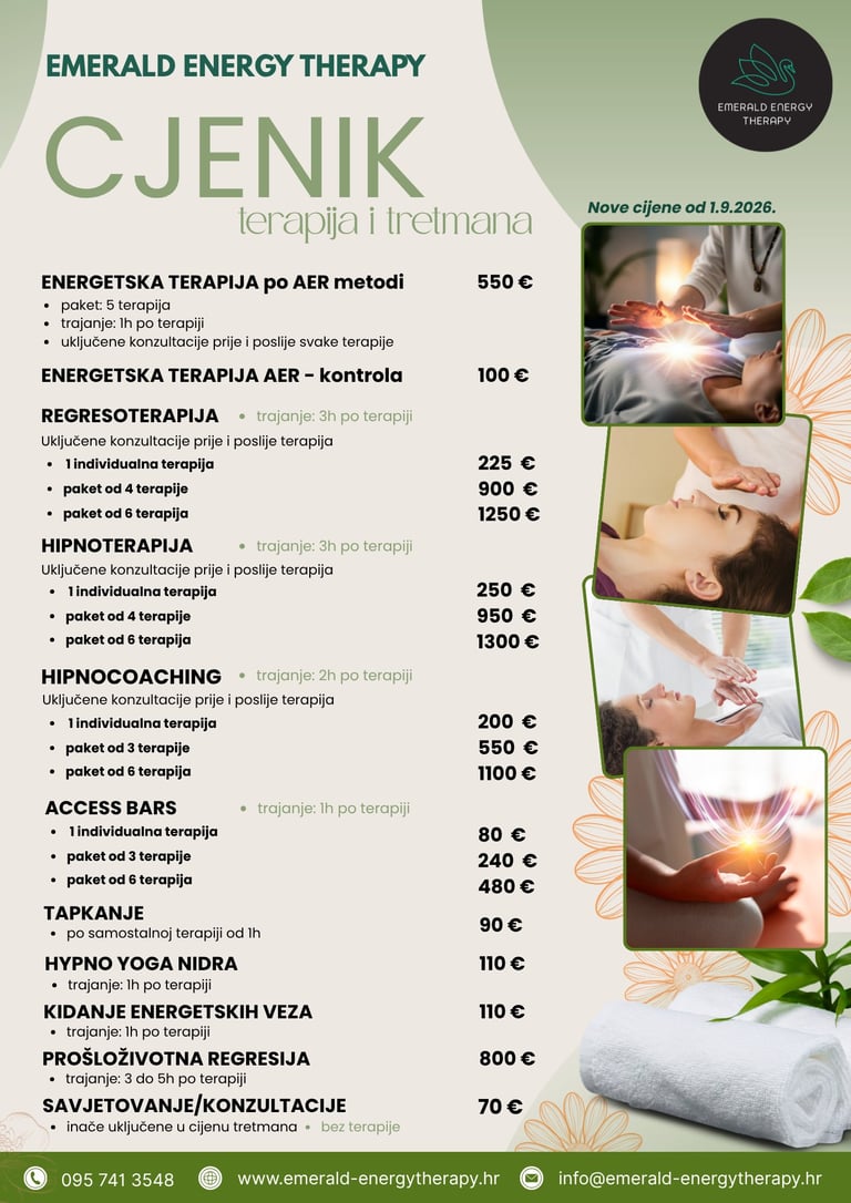 Price list for Emerald Energy Therapy wellness services including energy therapy, regression therapy, hypnotherapy, and massage treatments with contact details