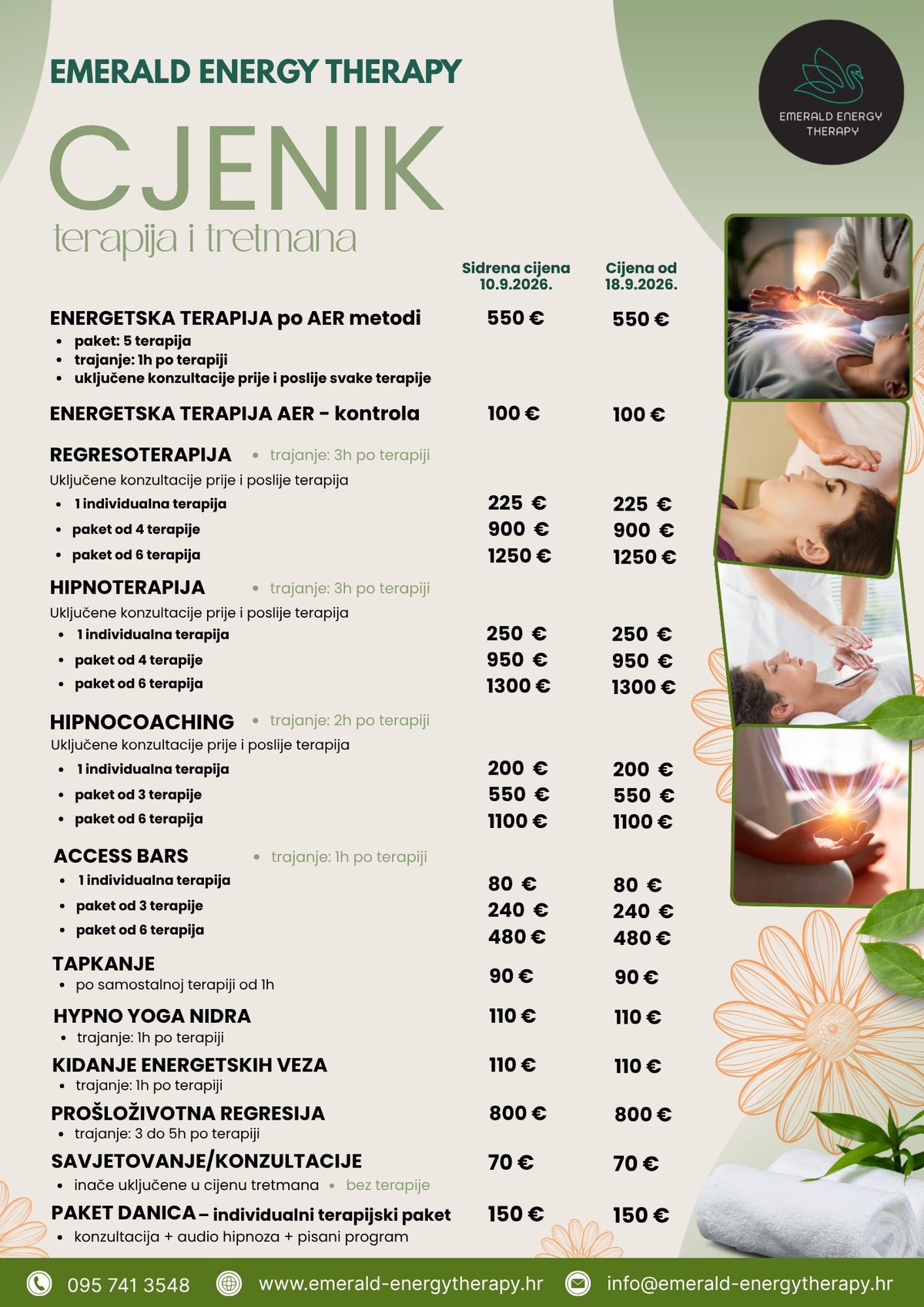 Emerald Energy Therapy price list for holistic treatments including energetic therapy, regressotherapy, hypnotherapy, and coaching services